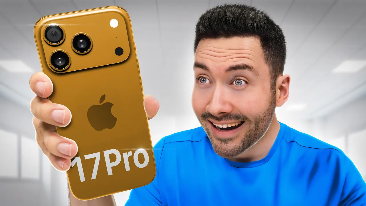 Vignette tech — créateur présentant un iPhone doré « 17 Pro »